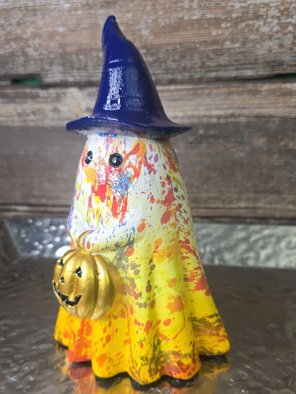 Hand-Painted Yellow Halloween Ghost Figurine with Blue Hat, NEW